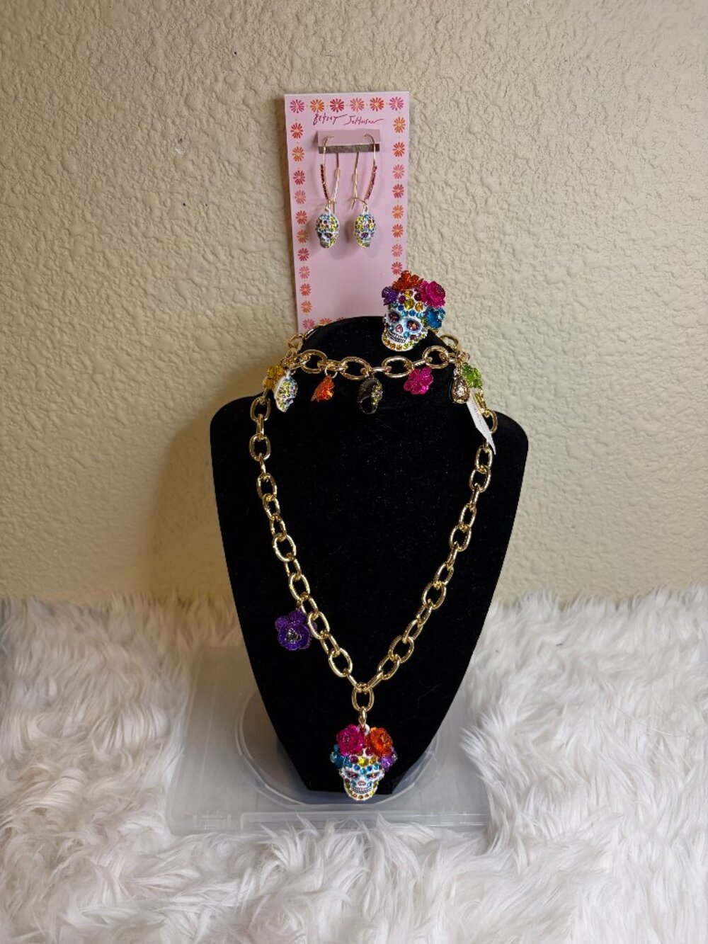 Betsey Johnson Sugar Skull Necklace Bracelet Ring Earrings Gold Tone NWT